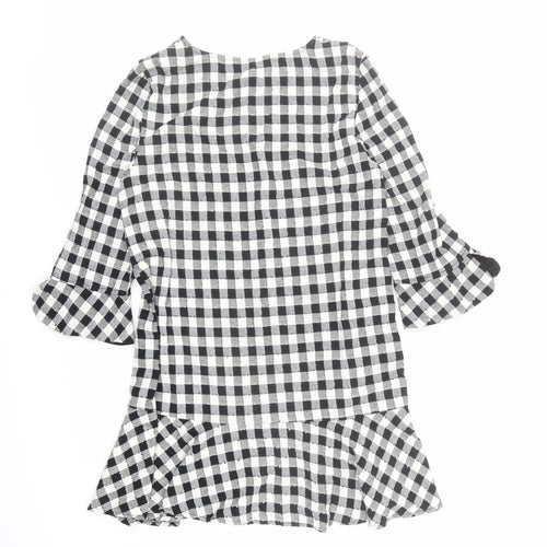Zara Womens Black Check Polyester A-Line Size M Round Neck Button