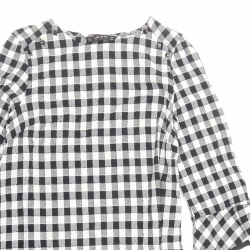 Zara Womens Black Check Polyester A-Line Size M Round Neck Button
