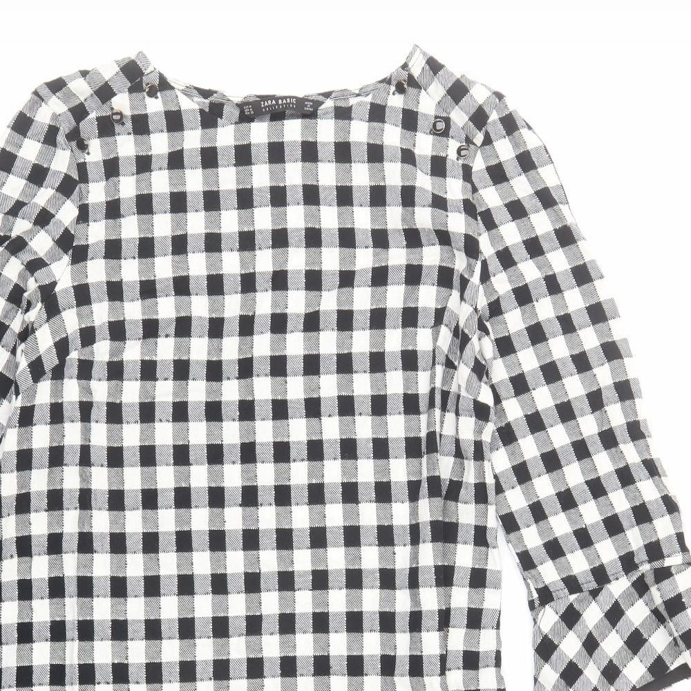 Zara Womens Black Check Polyester A-Line Size M Round Neck Button