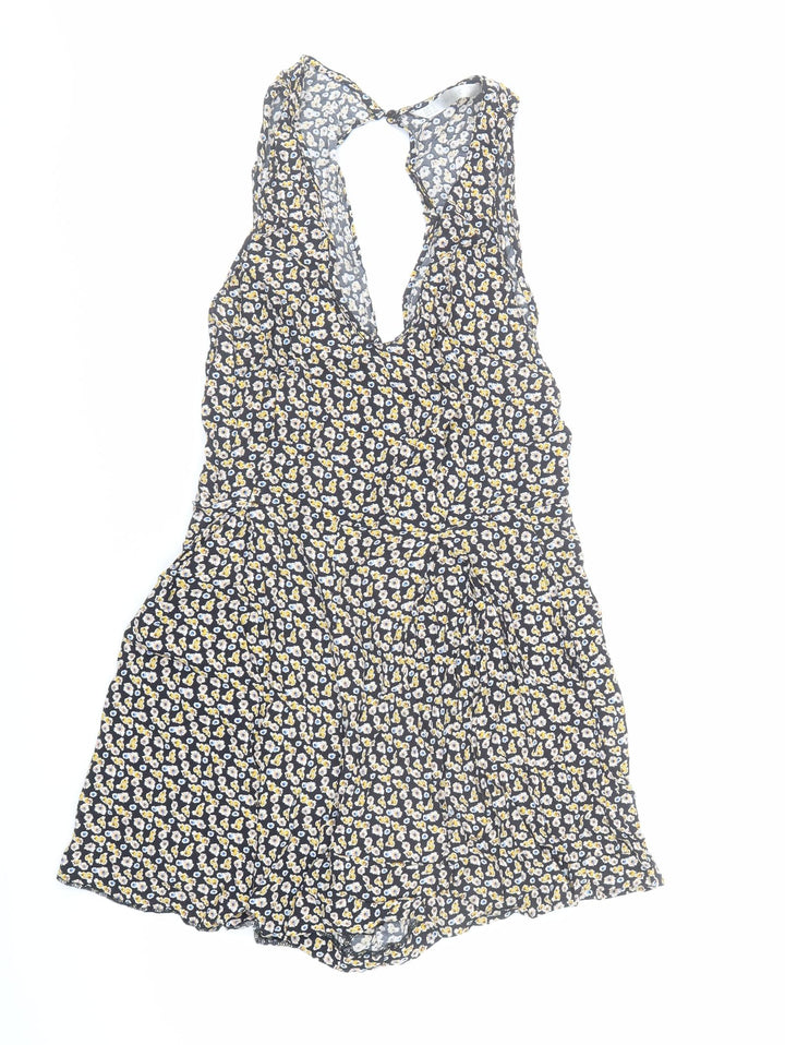 Trafaluc Outerwear Womens Black Floral Viscose Playsuit One-Piece Size S Button