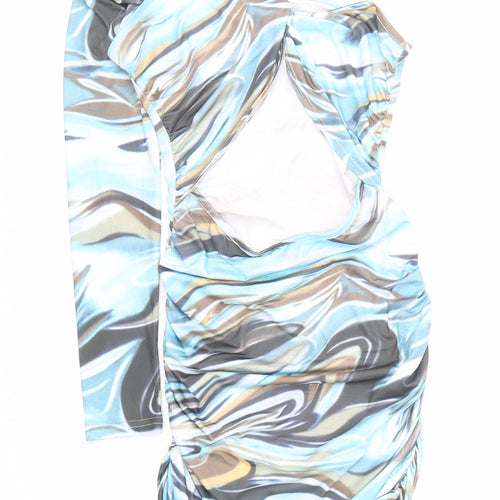 DressMezee Womens Blue Geometric Polyester Bodycon Size M One Shoulder Pullover