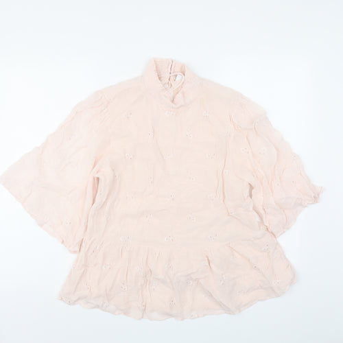 VILA Womens Pink Floral Polyester Basic Blouse Size M Mock Neck - Embroidered Detail