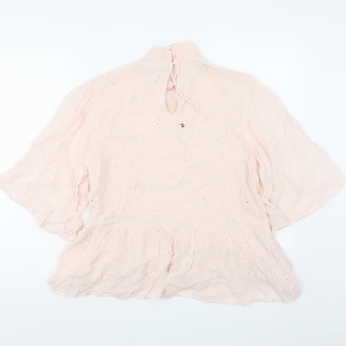VILA Womens Pink Floral Polyester Basic Blouse Size M Mock Neck - Embroidered Detail