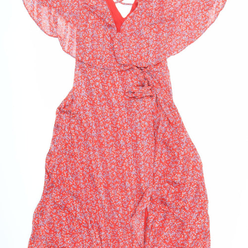 Wallis Womens Red Floral Polyester Wrap Dress Size 16 V-Neck Tie