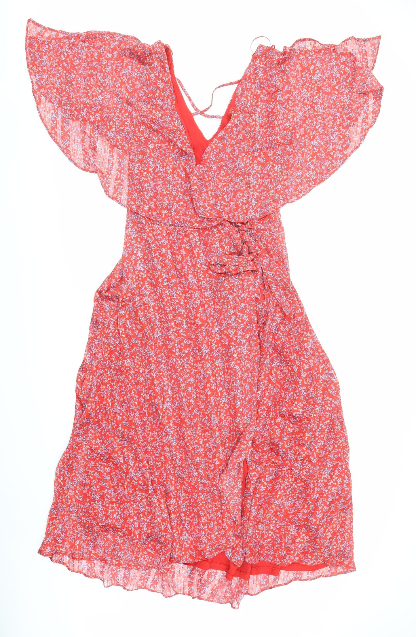 Wallis Womens Red Floral Polyester Wrap Dress Size 16 V-Neck Tie
