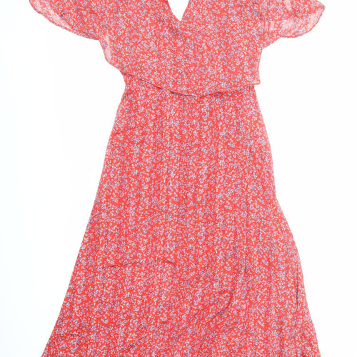 Wallis Womens Red Floral Polyester Wrap Dress Size 16 V-Neck Tie