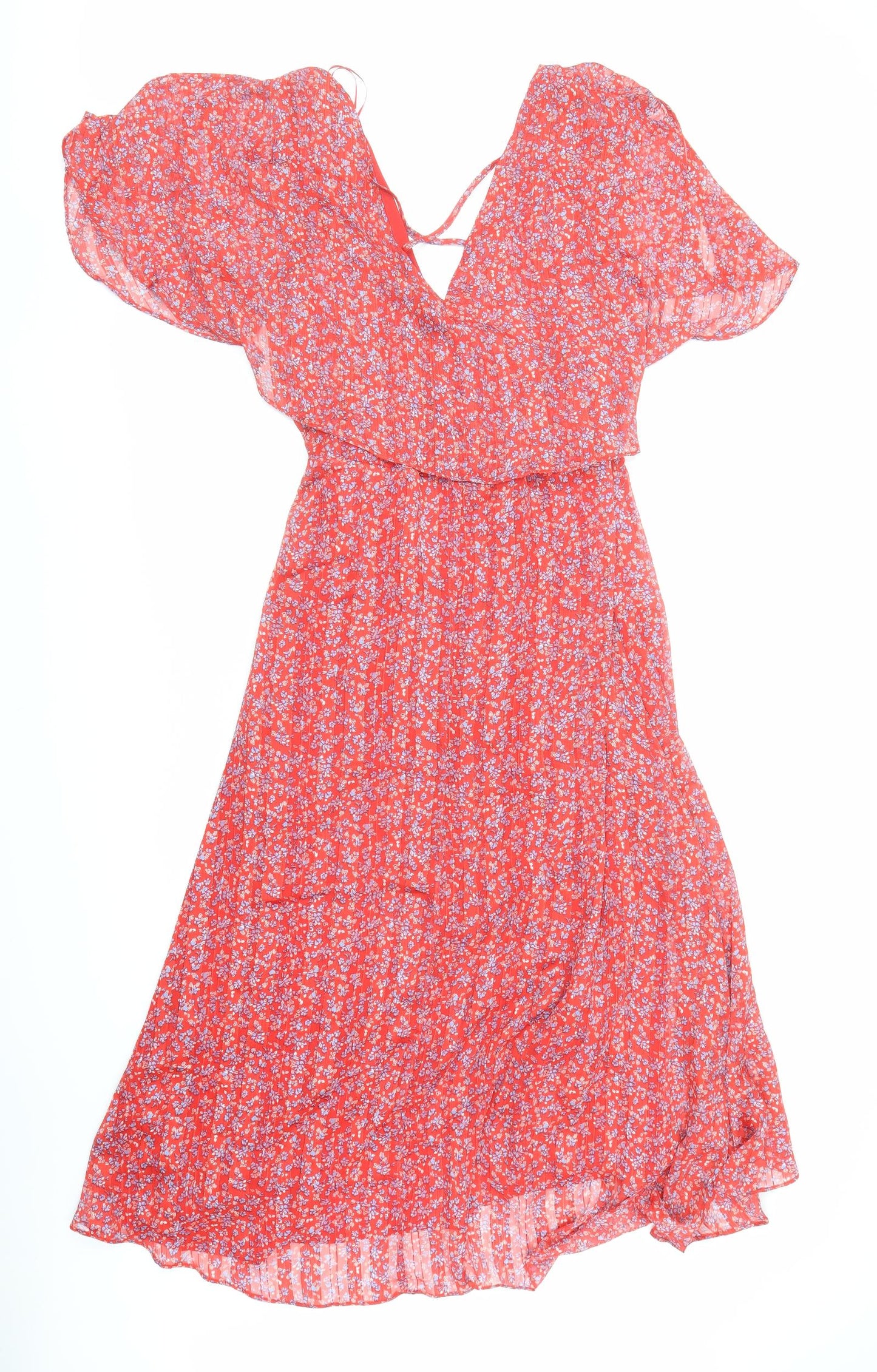 Wallis Womens Red Floral Polyester Wrap Dress Size 16 V-Neck Tie