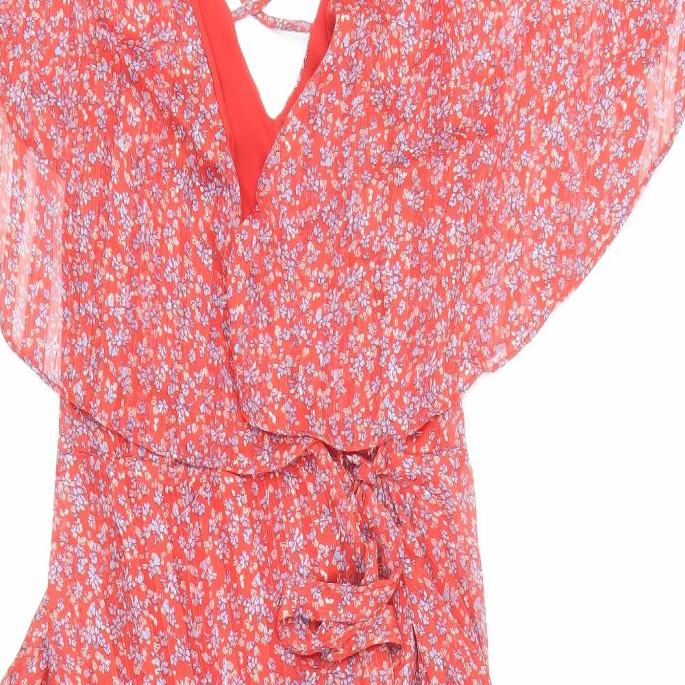 Wallis Womens Red Floral Polyester Wrap Dress Size 16 V-Neck Tie