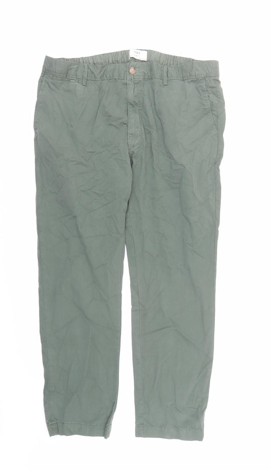 Marks and Spencer Mens Green Cotton Trousers Size 38 in L29 in Regular Zip - Elasticated Waist Pockets