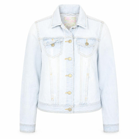 Front view of Denim & Co. women’s blue jacket, size UK 6, button - distressed look