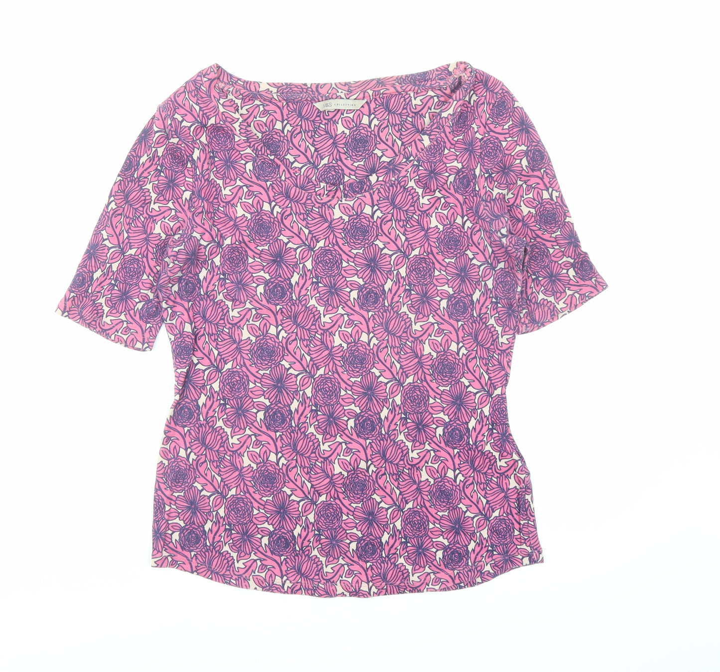 Marks and Spencer Womens Pink Floral 100% Cotton Basic T-Shirt Size 12 Round Neck