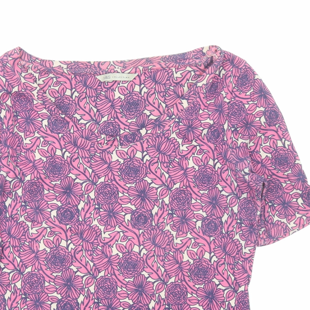Marks and Spencer Womens Pink Floral 100% Cotton Basic T-Shirt Size 12 Round Neck