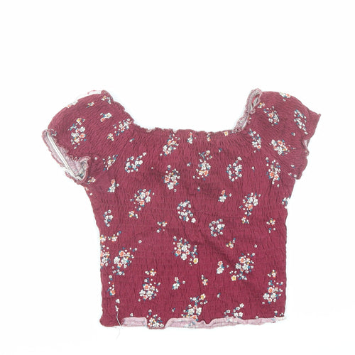 New Look Womens Red Floral 100% Cotton Cropped T-Shirt Size 6 Round Neck