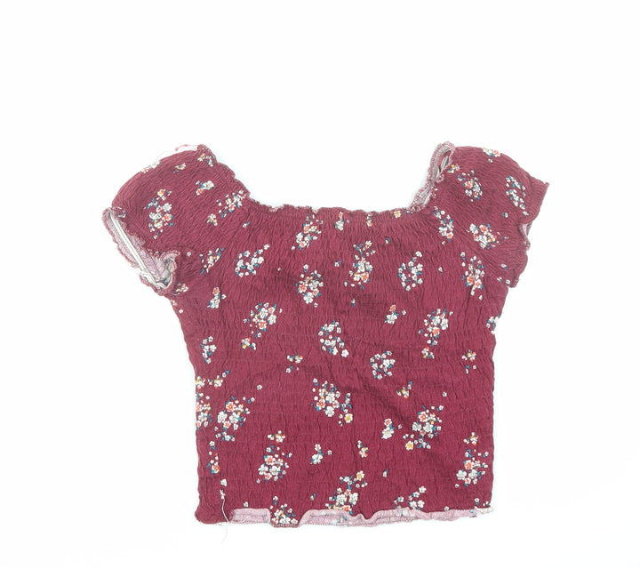 New Look Womens Red Floral 100% Cotton Cropped T-Shirt Size 6 Round Neck
