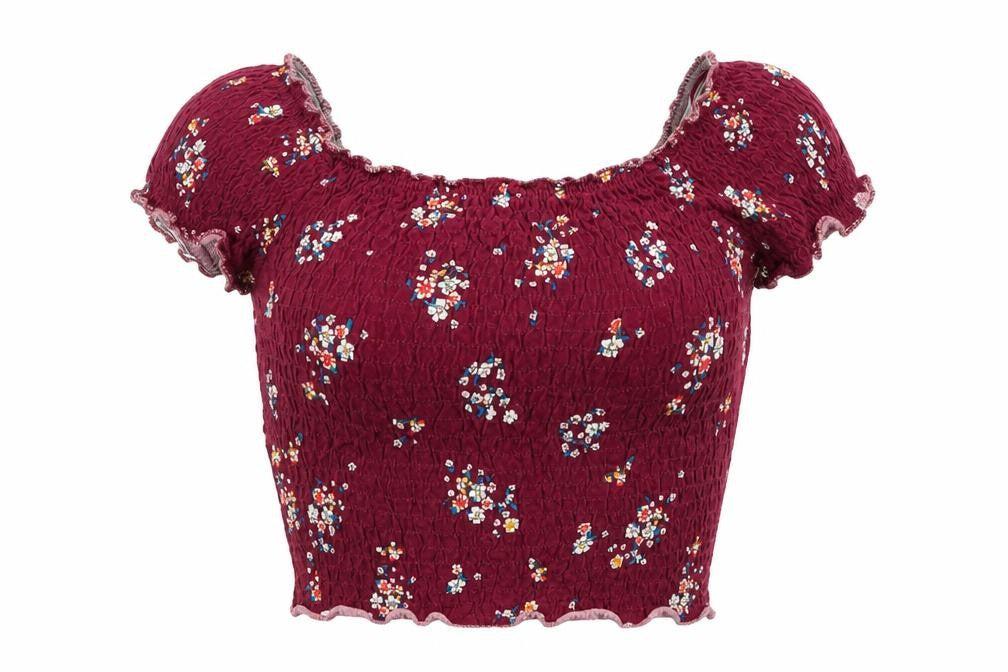 New Look Womens Red Floral 100% Cotton Cropped T-Shirt Size 6 Round Neck