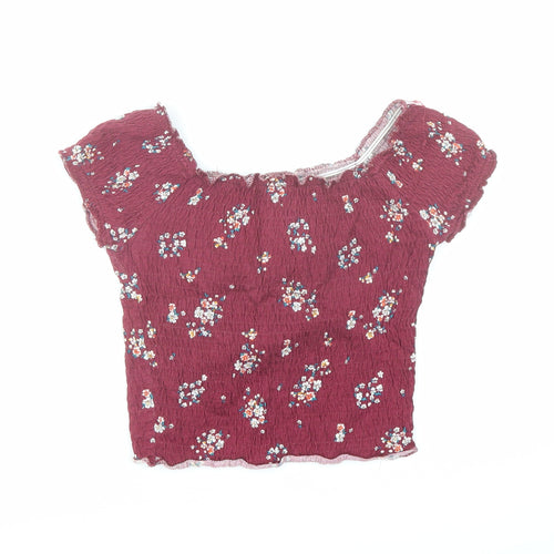 New Look Womens Red Floral 100% Cotton Cropped T-Shirt Size 6 Round Neck