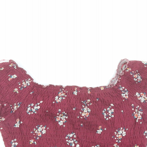 New Look Womens Red Floral 100% Cotton Cropped T-Shirt Size 6 Round Neck