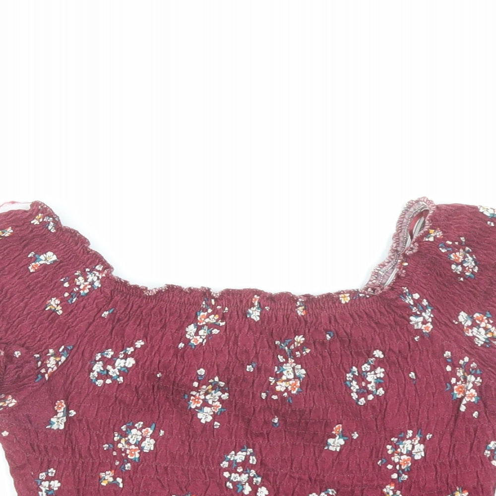 New Look Womens Red Floral 100% Cotton Cropped T-Shirt Size 6 Round Neck