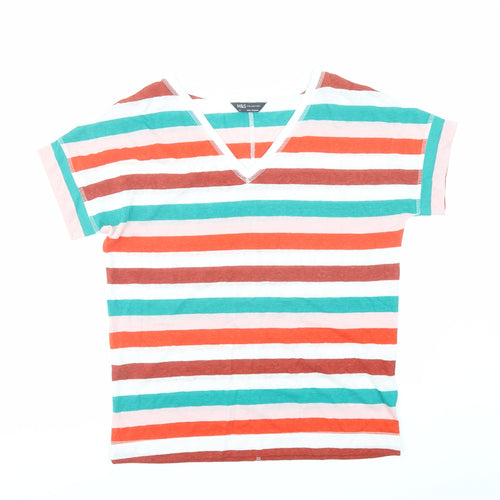 Marks and Spencer Womens Multicoloured Striped Flax Basic T-Shirt Size 8 V-Neck