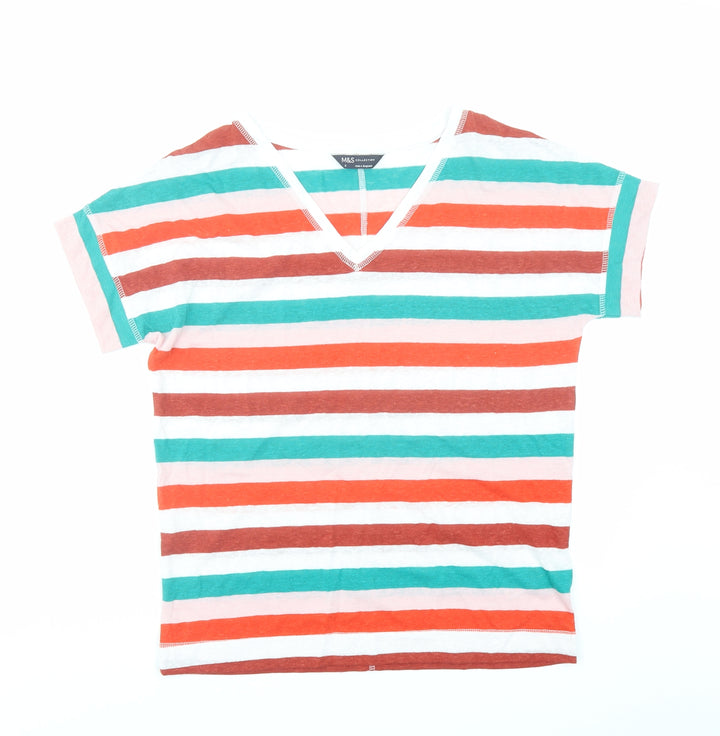 Marks and Spencer Womens Multicoloured Striped Flax Basic T-Shirt Size 8 V-Neck