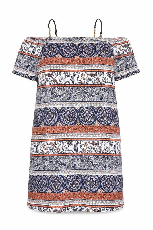 Front view of BeYou women’s multicoloured geometric polyester sheath, size UK 18, square neck pullover