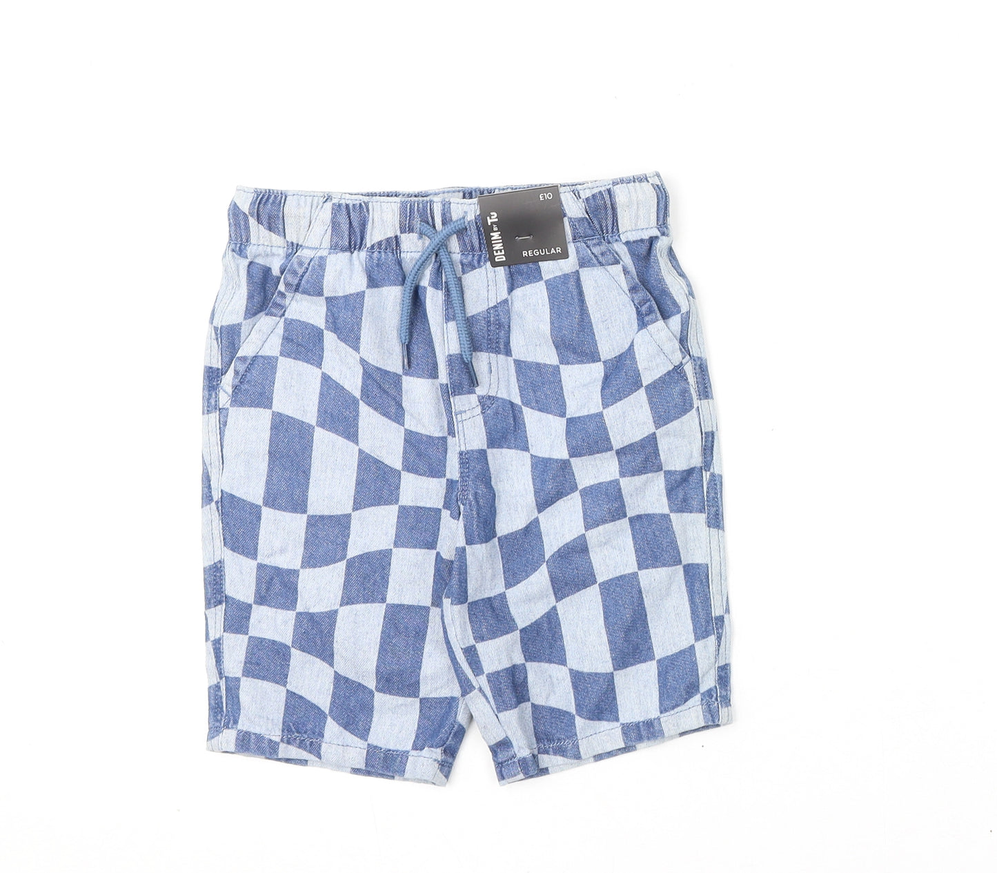 TU Boys Blue Geometric Cotton Bermuda Shorts Size 6 Years L6 in Regular Drawstring - Checkboard Pattern