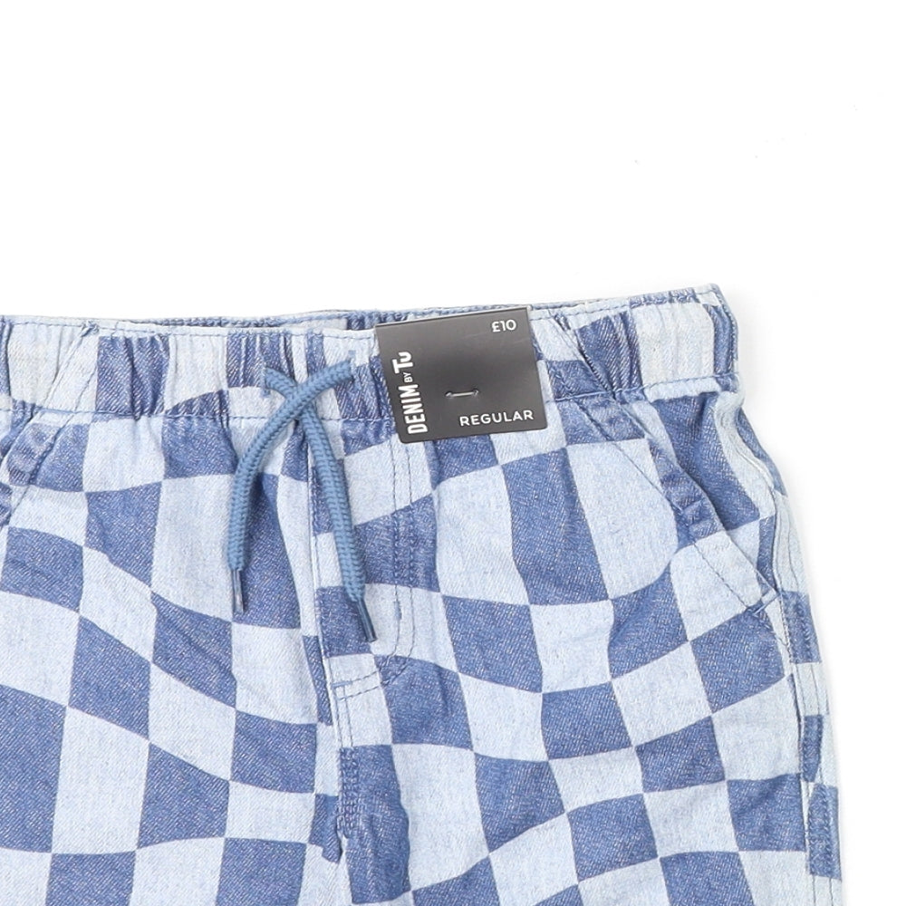 TU Boys Blue Geometric Cotton Bermuda Shorts Size 6 Years L6 in Regular Drawstring - Checkboard Pattern