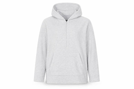 Front view of ASOS women’s grey polyester pullover hoodie, size M, zip