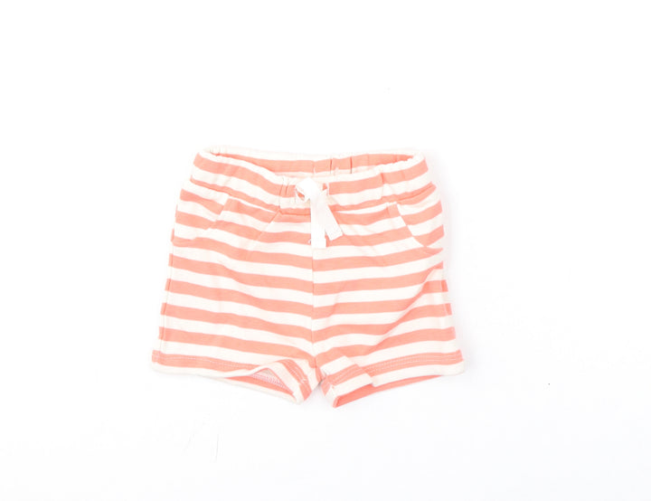 Marks and Spencer Girls Pink Striped Cotton Cropped Trousers Size 3-6 Months Drawstring - Shorts