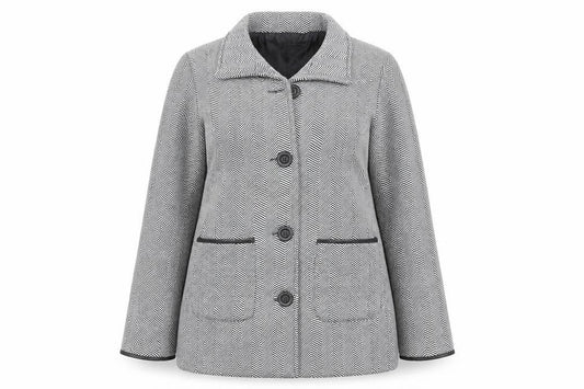 Front view of Anne De Lancay women’s black geometric jacket, size UK 12, button