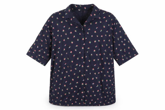 Front view of & Other Stories women’s blue geometric 100% cotton basic button-up, size UK 8, collared