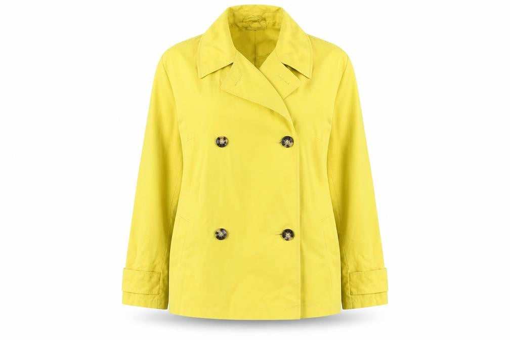 Front view of Marks & Spencer women’s yellow overcoat coat, size UK 14, button