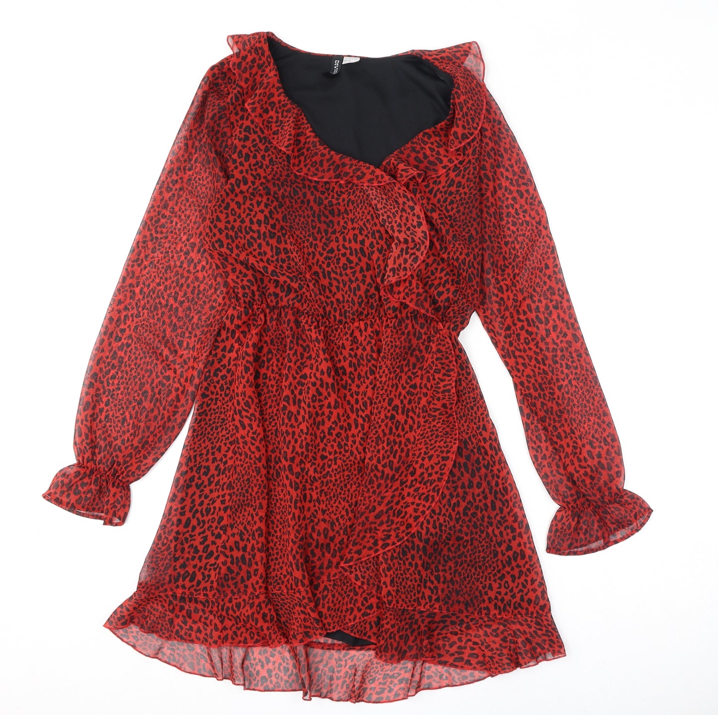 Divided by H&M Womens Red Animal Print Polyester A-Line Size 10 V-Neck Snap - Leopard Print, Ruffles