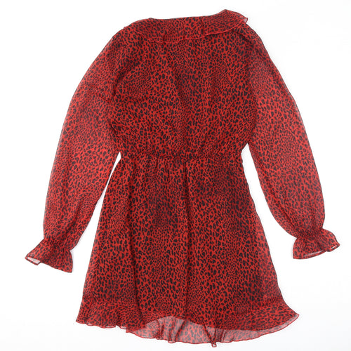 Divided by H&M Womens Red Animal Print Polyester A-Line Size 10 V-Neck Snap - Leopard Print, Ruffles