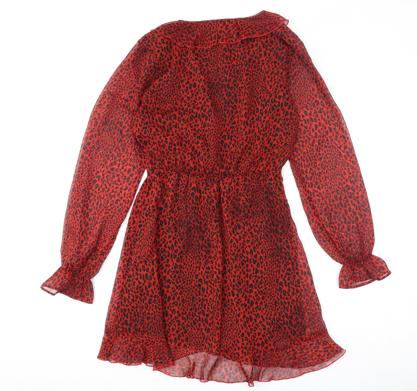 Divided by H&M Womens Red Animal Print Polyester A-Line Size 10 V-Neck Snap - Leopard Print, Ruffles