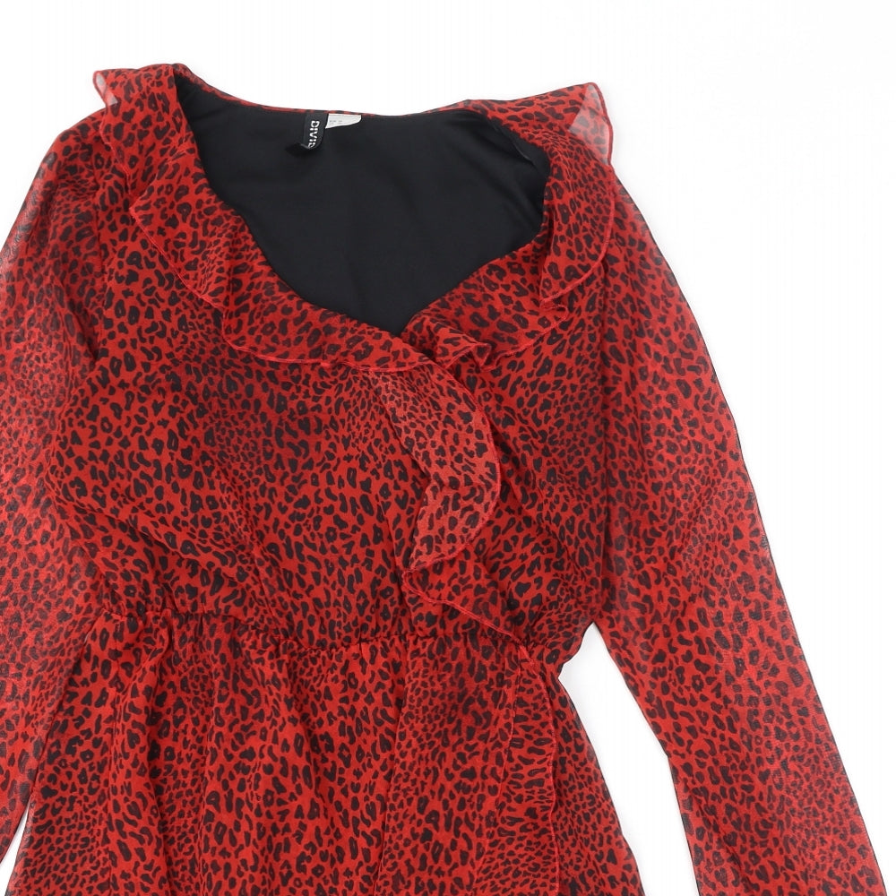 Divided by H&M Womens Red Animal Print Polyester A-Line Size 10 V-Neck Snap - Leopard Print, Ruffles