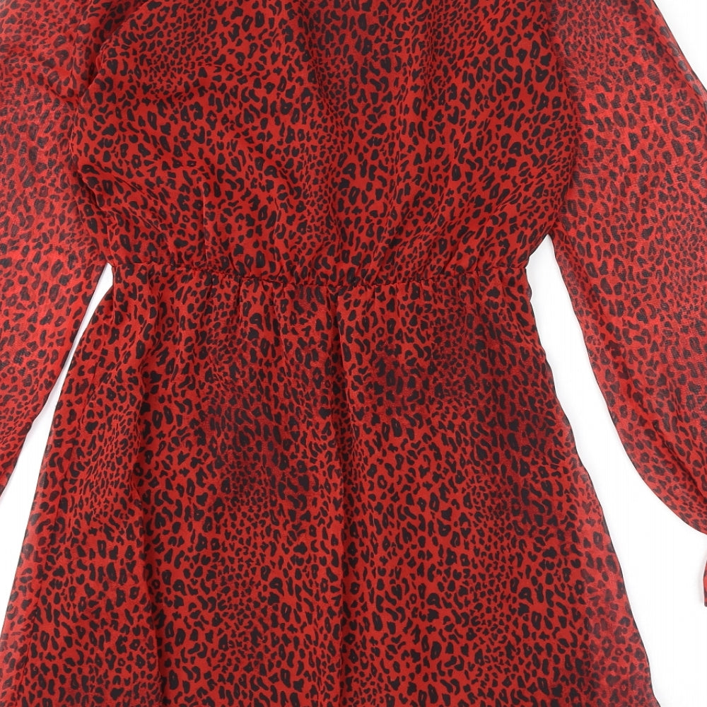 Divided by H&M Womens Red Animal Print Polyester A-Line Size 10 V-Neck Snap - Leopard Print, Ruffles
