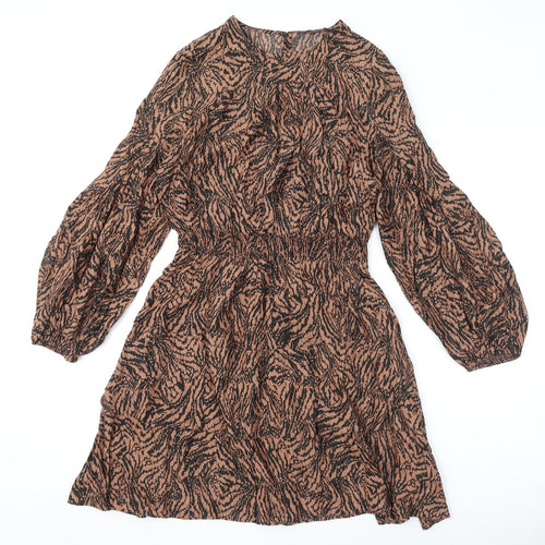 Marks and Spencer Womens Brown Geometric Viscose A-Line Size 10 Round Neck Button