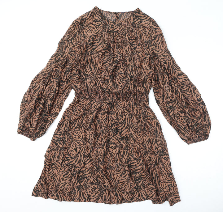 Marks and Spencer Womens Brown Geometric Viscose A-Line Size 10 Round Neck Button