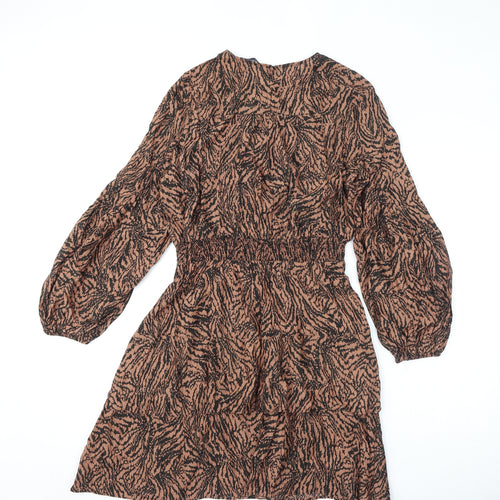 Marks and Spencer Womens Brown Geometric Viscose A-Line Size 10 Round Neck Button
