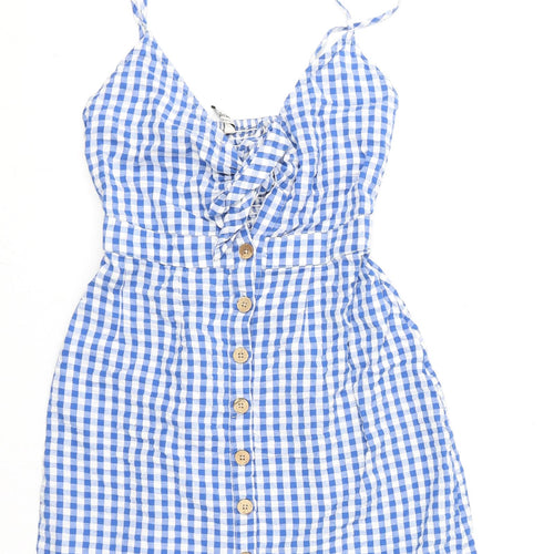 Stradivarius Womens Blue Check 100% Cotton Mini Size S V-Neck Tie