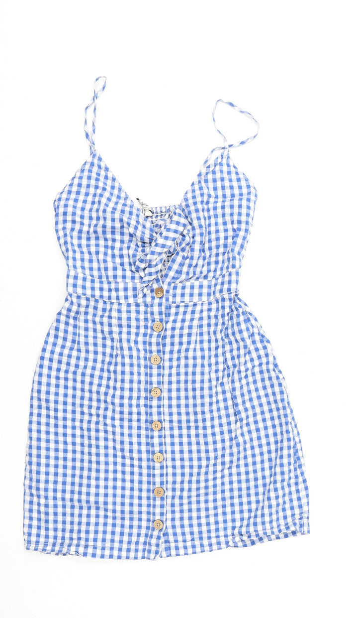 Stradivarius Womens Blue Check 100% Cotton Mini Size S V-Neck Tie