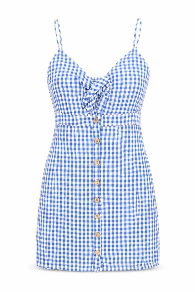 Front view of Stradivarius women’s blue check 100% cotton mini, size S, v-neck tie
