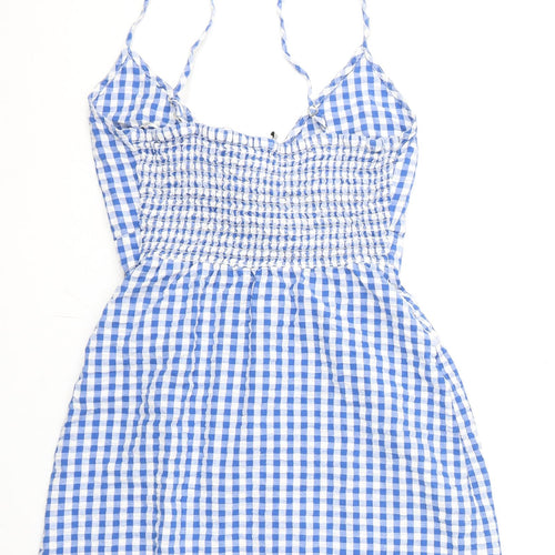 Stradivarius Womens Blue Check 100% Cotton Mini Size S V-Neck Tie