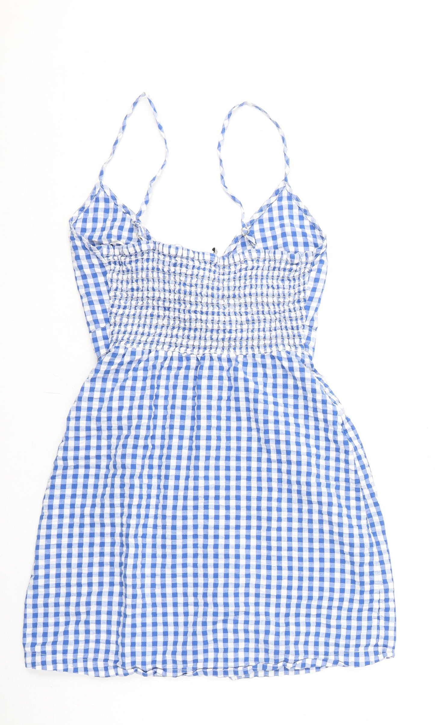 Stradivarius Womens Blue Check 100% Cotton Mini Size S V-Neck Tie