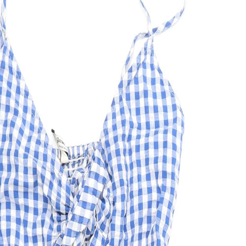 Stradivarius Womens Blue Check 100% Cotton Mini Size S V-Neck Tie