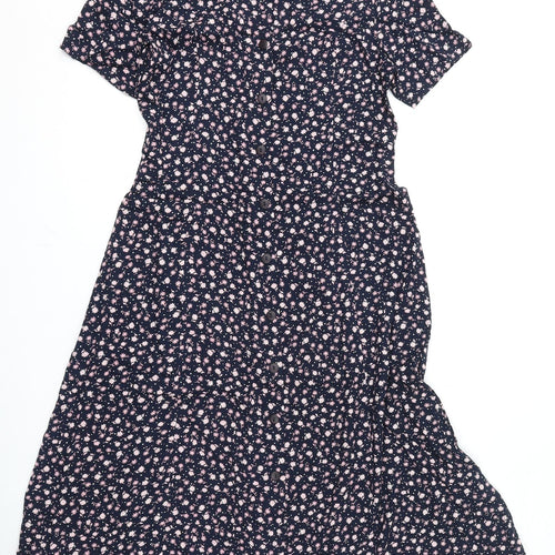 Bonmarché Womens Blue Geometric Viscose A-Line Size 12 V-Neck Button - Shoulder Pads, Flowers