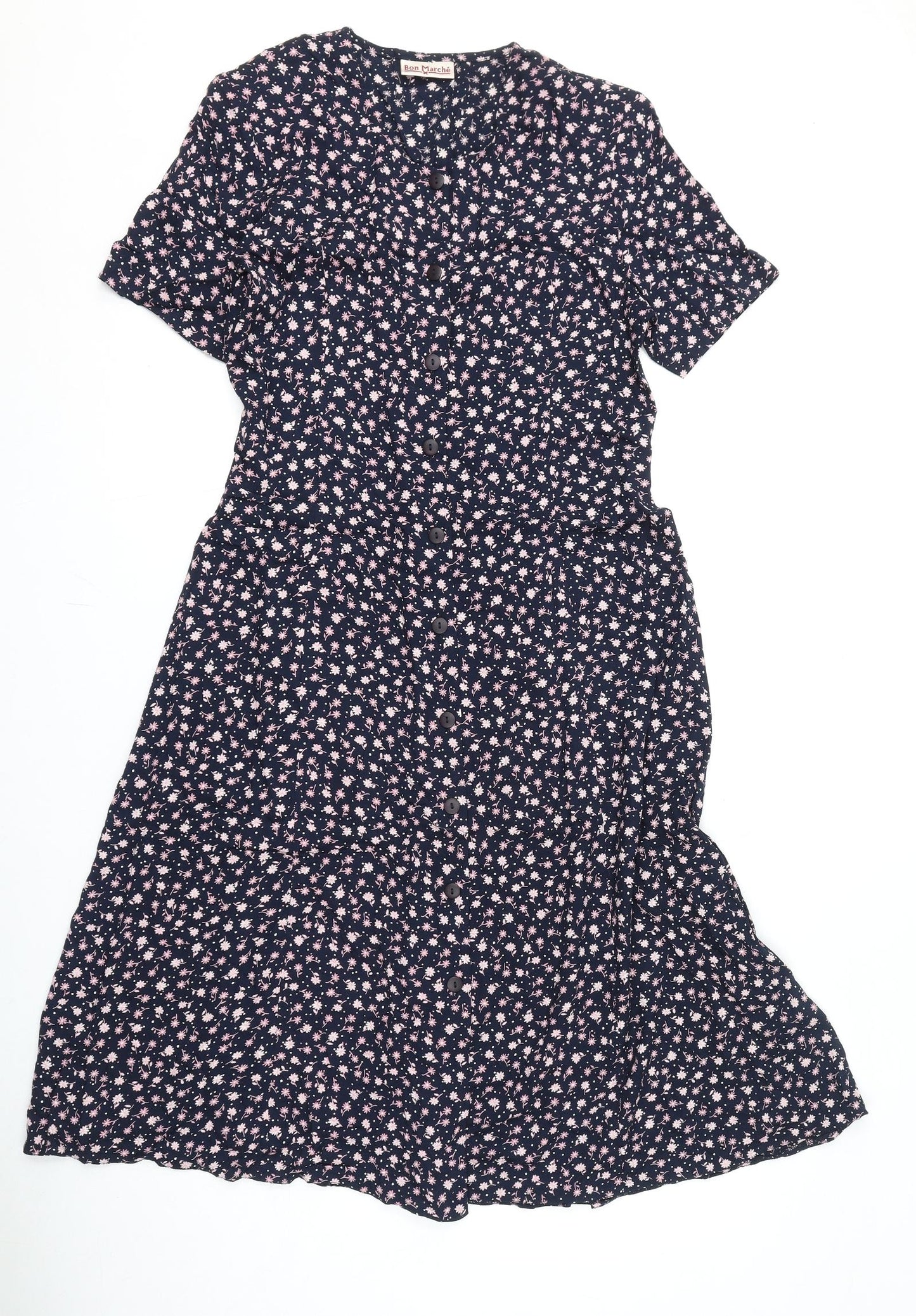 Bonmarché Womens Blue Geometric Viscose A-Line Size 12 V-Neck Button - Shoulder Pads, Flowers