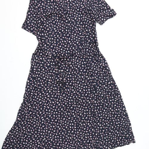 Bonmarché Womens Blue Geometric Viscose A-Line Size 12 V-Neck Button - Shoulder Pads, Flowers