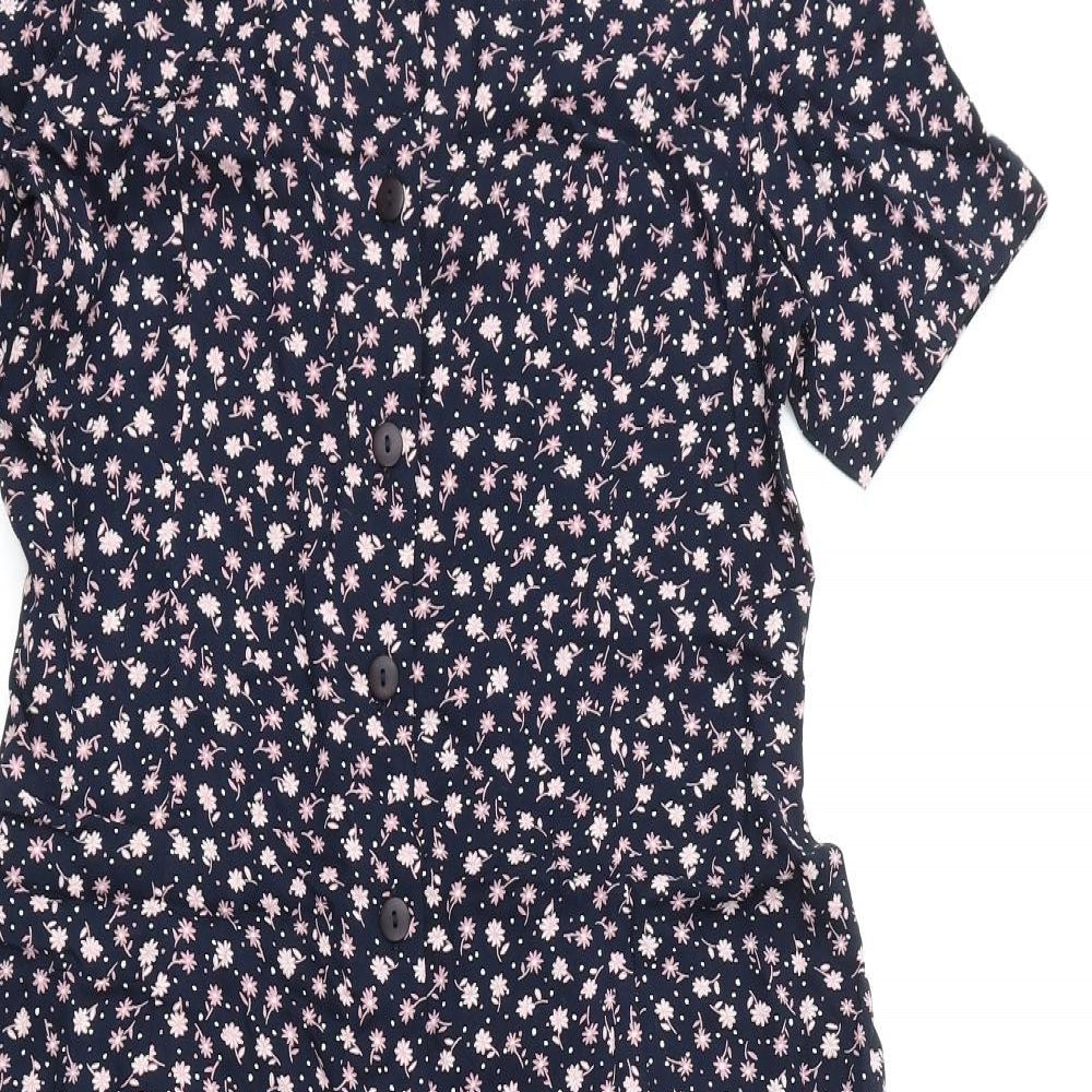 Bonmarché Womens Blue Geometric Viscose A-Line Size 12 V-Neck Button - Shoulder Pads, Flowers